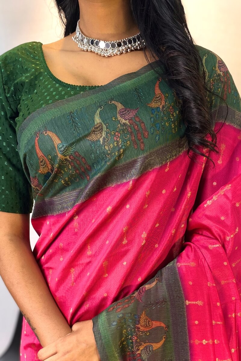 Cerise Pink Printed Soft Chanderi Silk Saree