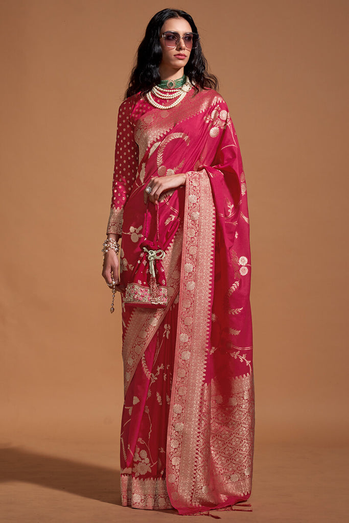 Cerise Pink Woven Georgette Banarasi Silk Saree