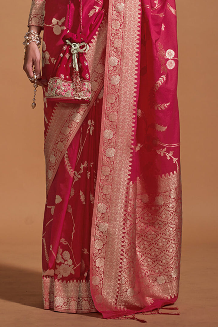 Cerise Pink Woven Georgette Banarasi Silk Saree