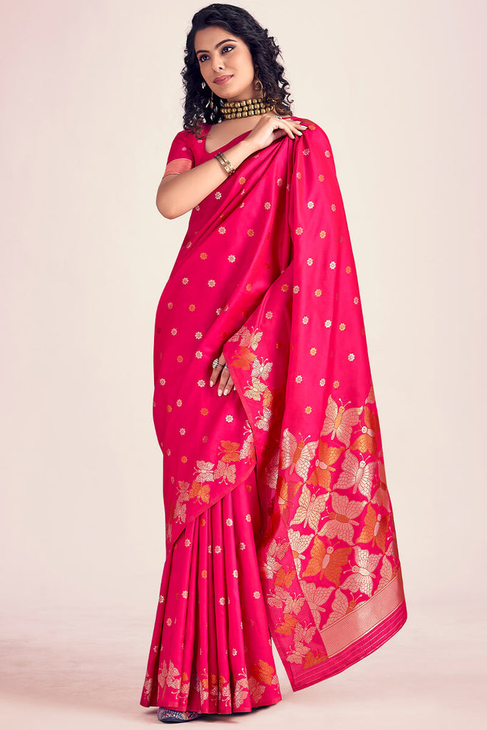 Cerise Pink Zari Woven Soft Banarasi Silk Saree