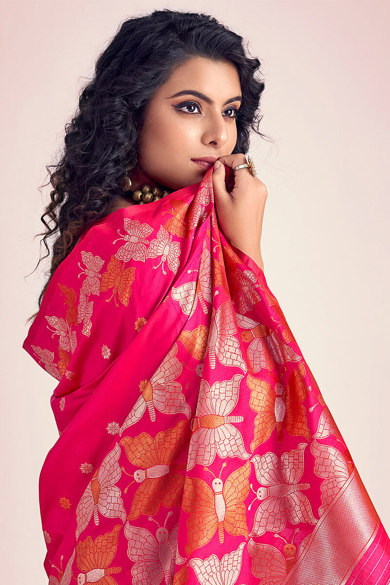 Cerise Pink Zari Woven Soft Banarasi Silk Saree