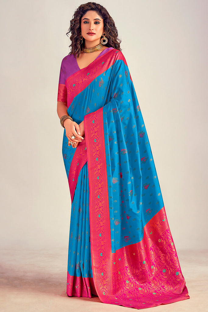 Cerulean Blue Soft Banarasi Silk Saree