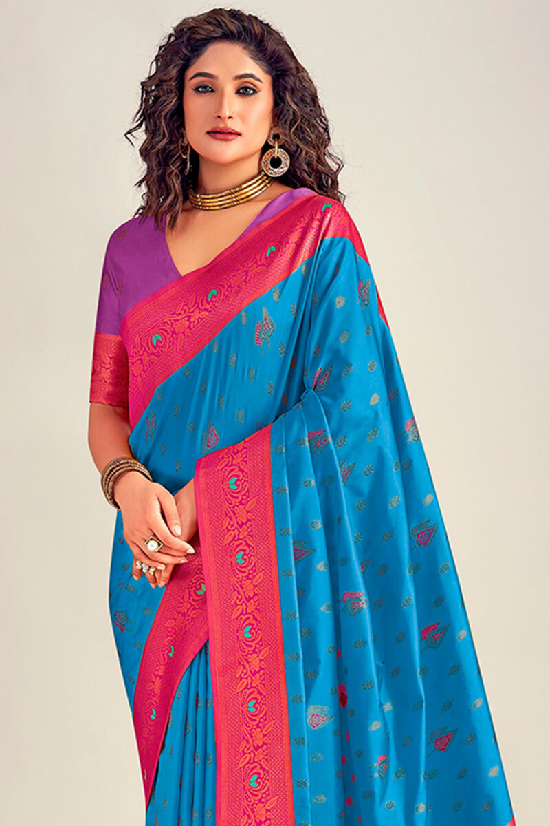 Cerulean Blue Soft Banarasi Silk Saree