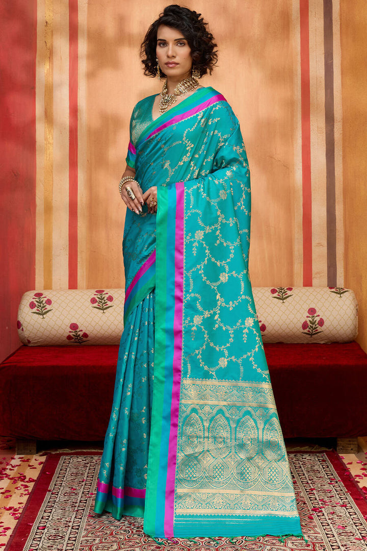 Cerulean Blue Zari Woven Soft Banarasi Silk Saree