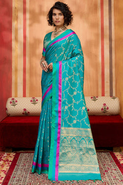 Cerulean Blue Zari Woven Soft Banarasi Silk Saree