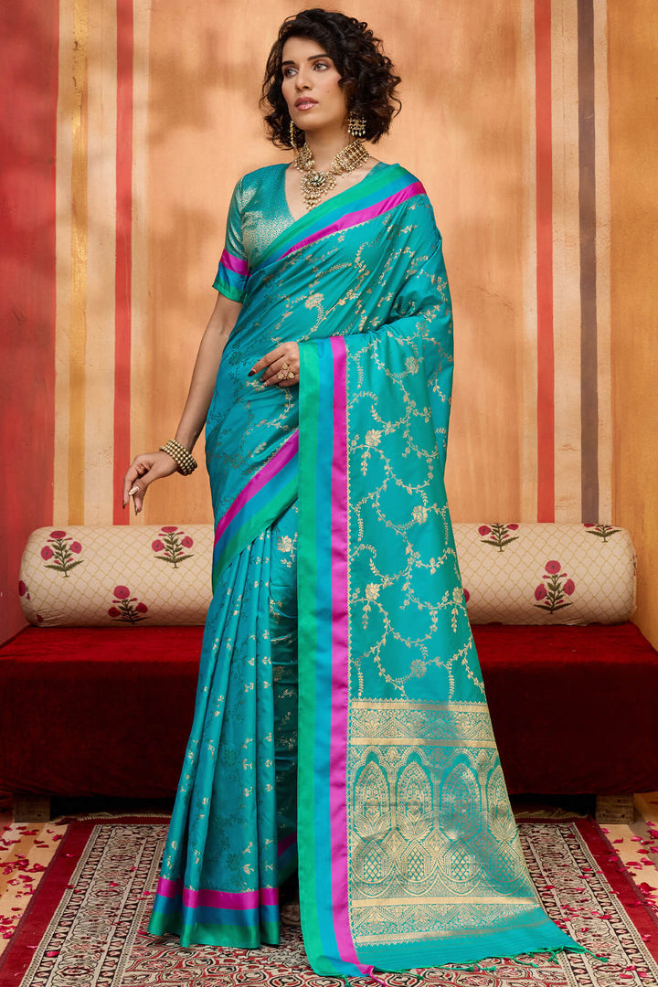Cerulean Blue Zari Woven Soft Banarasi Silk Saree