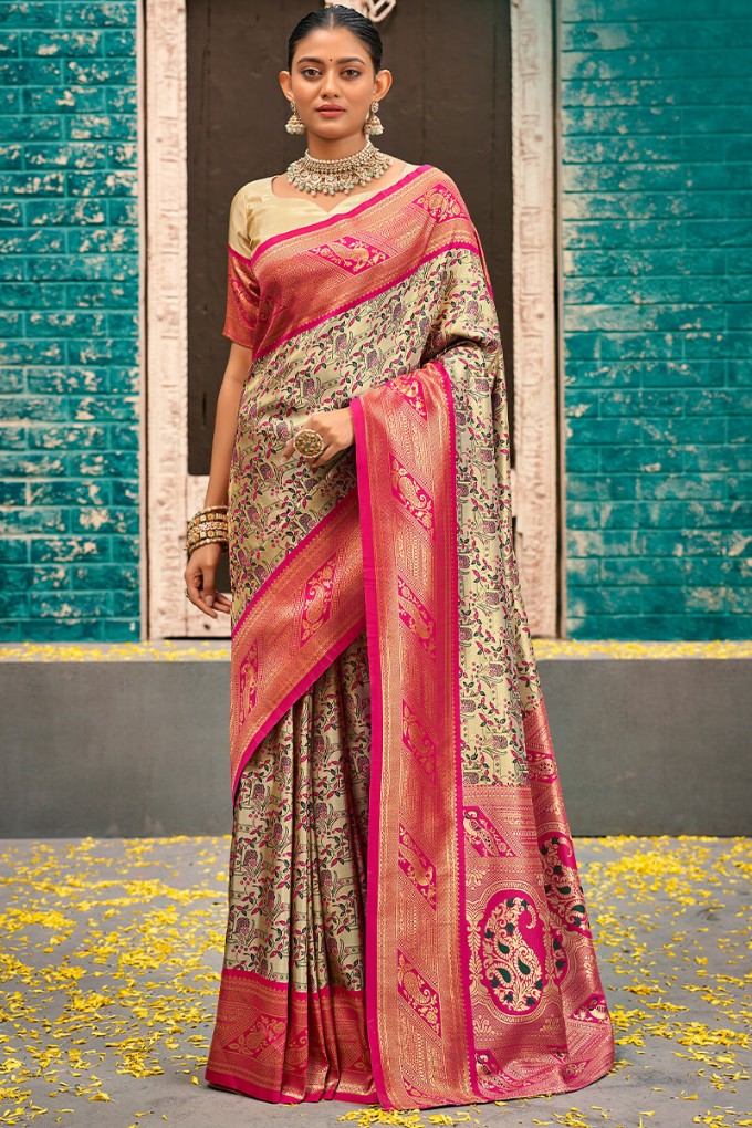 Chalky Beige and Pink Zari Woven Kanjivaram Silk Saree