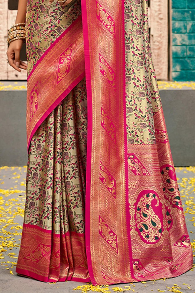 Chalky Beige and Pink Zari Woven Kanjivaram Silk Saree