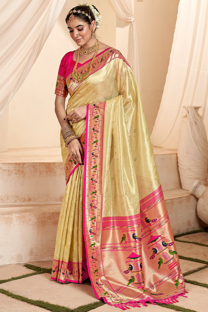 Chalky Beige Paithani Tissue Silk Saree