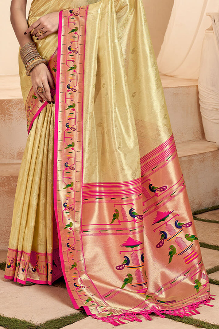 Chalky Beige Paithani Tissue Silk Saree