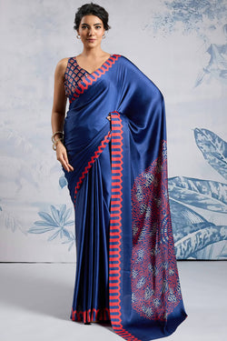 Chambray Blue Ajrakh Printed Satin Crepe Silk Saree