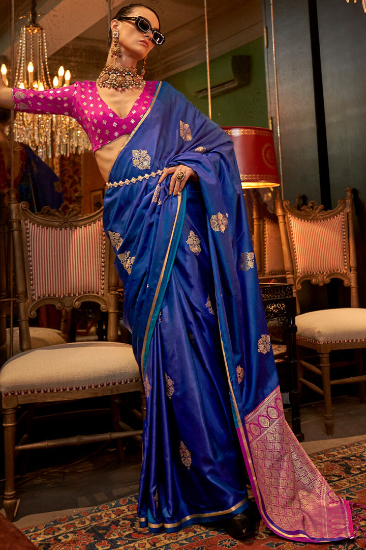 Chambray Blue Banarasi Satin Silk Saree