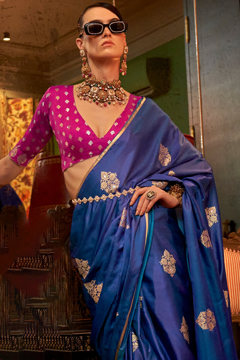 Chambray Blue Banarasi Satin Silk Saree