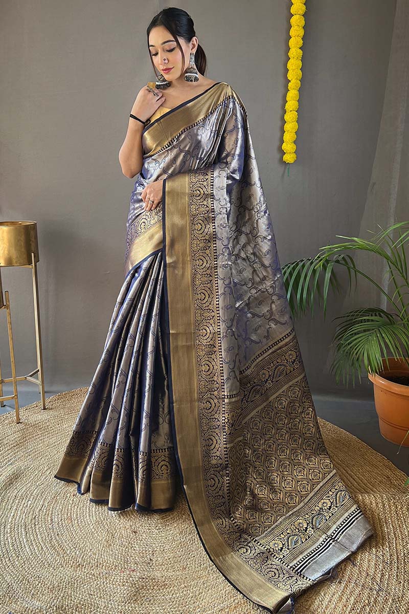 Chambray Blue Kanjivaram Silk Saree