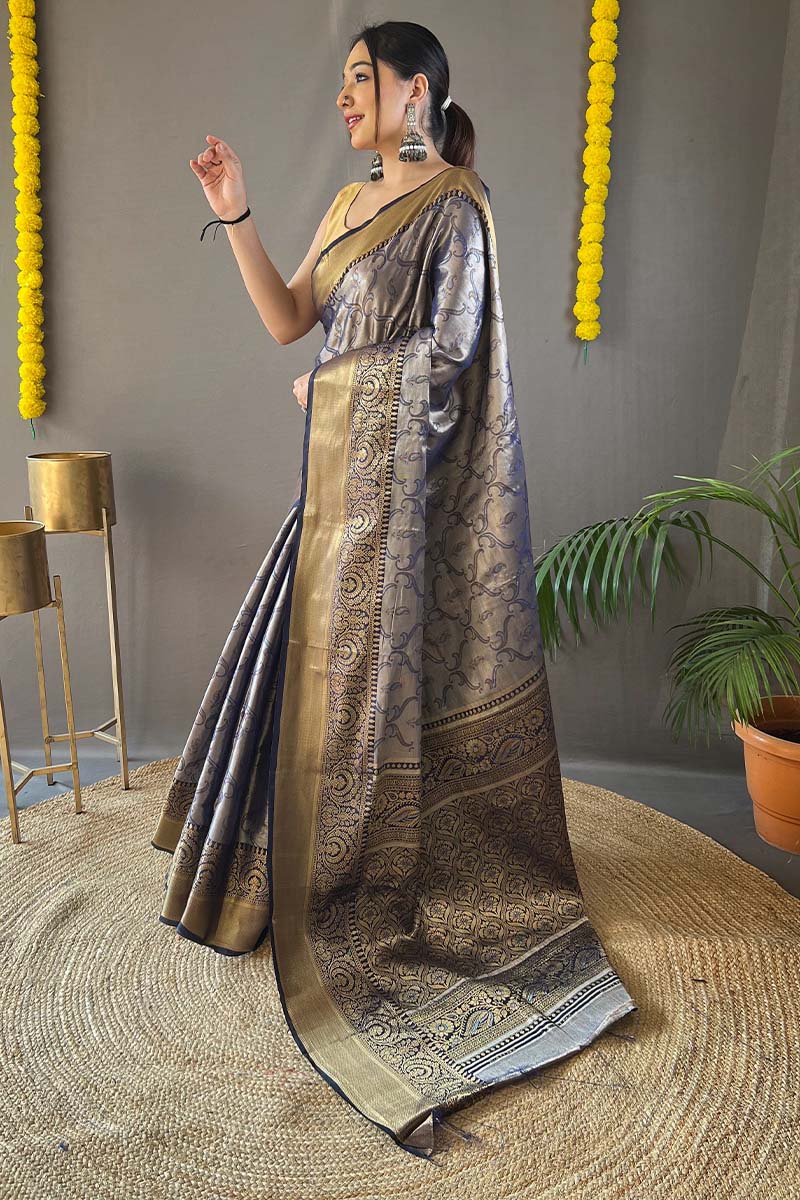 Chambray Blue Kanjivaram Silk Saree