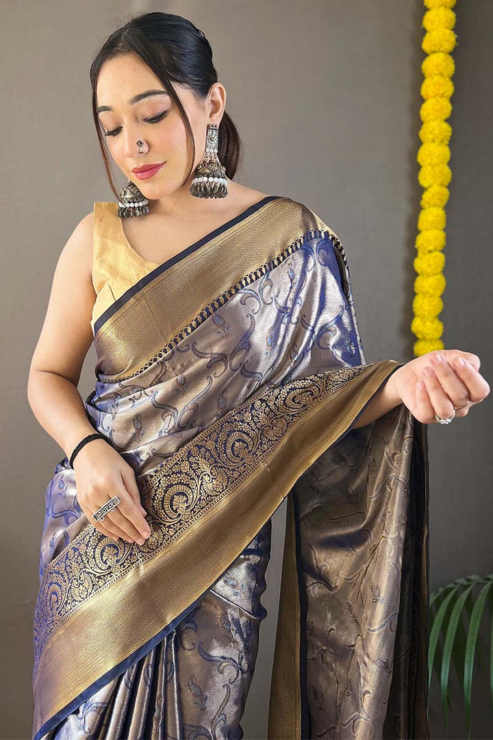 Chambray Blue Kanjivaram Silk Saree