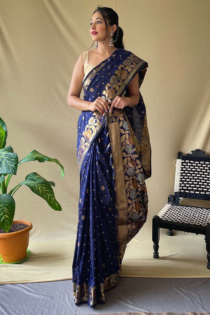 Chambray Blue Soft Banarasi Silk Saree