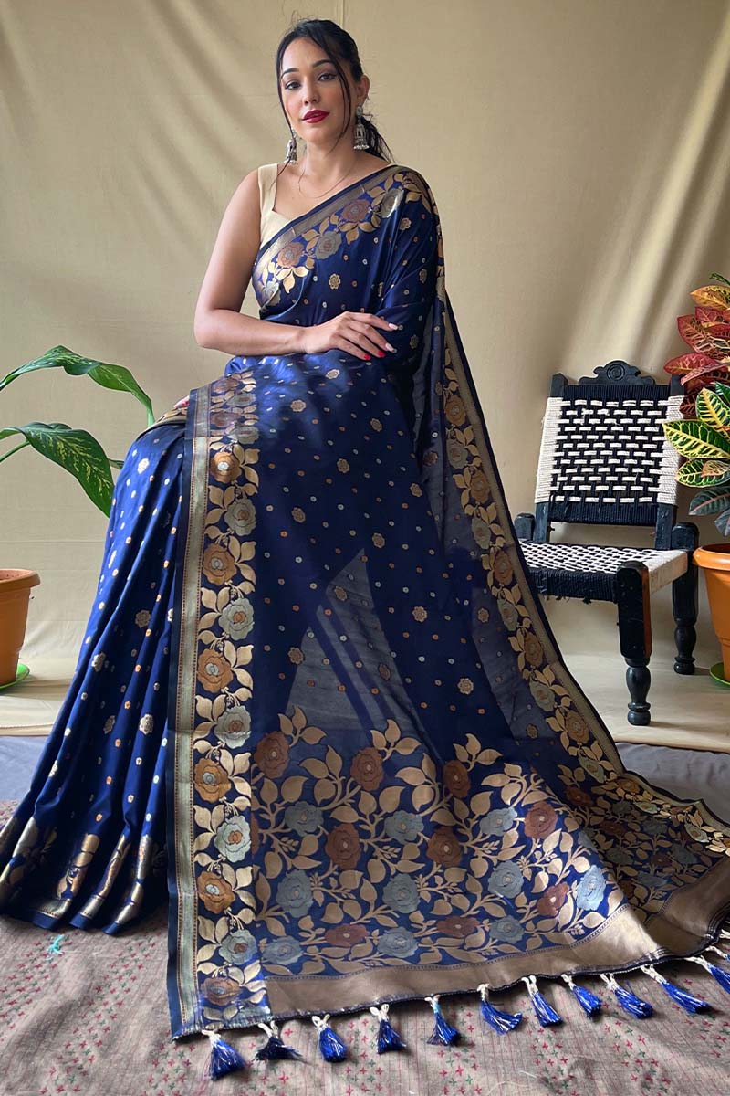 Chambray Blue Soft Banarasi Silk Saree