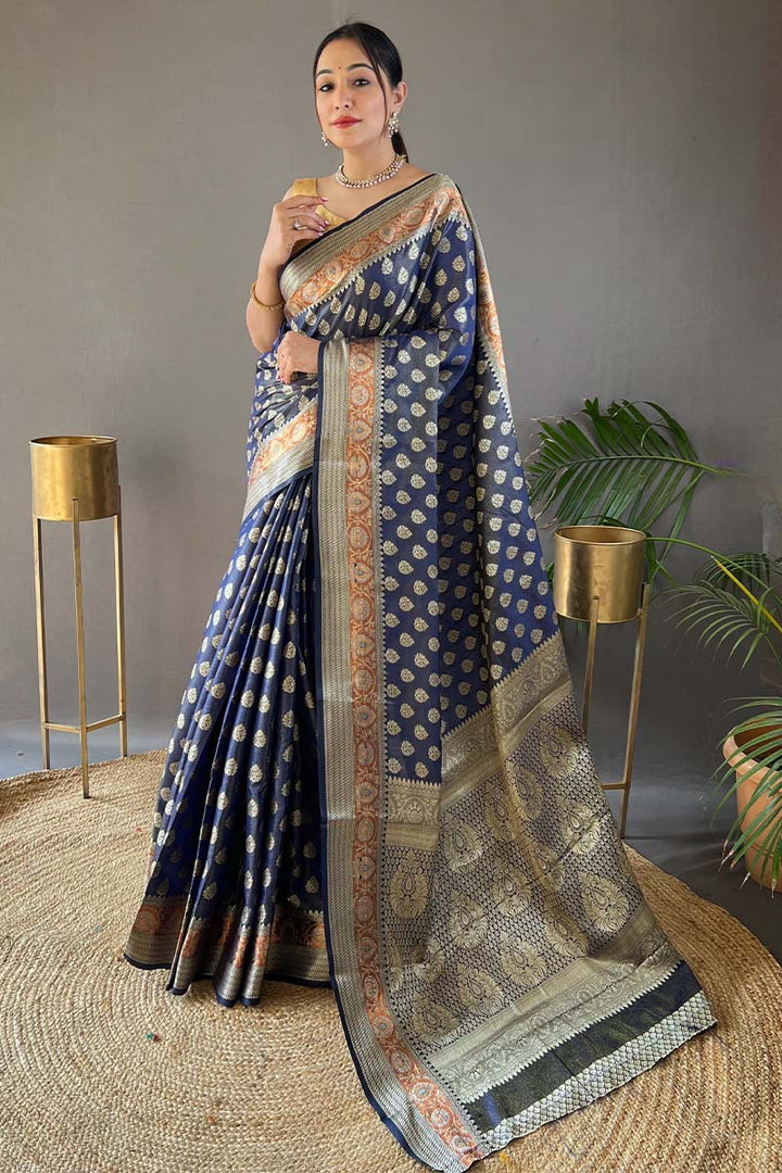 Chambray Blue Zari Woven Banarasi Silk Saree