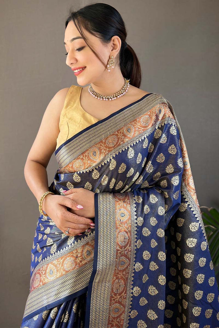 Chambray Blue Zari Woven Banarasi Silk Saree