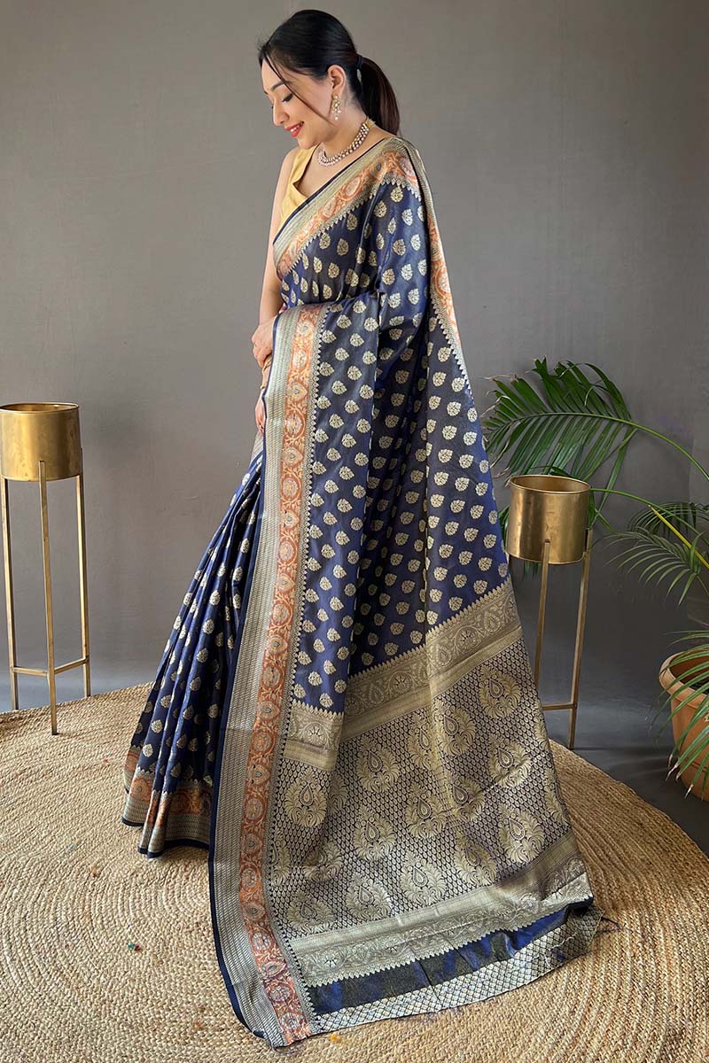 Chambray Blue Zari Woven Banarasi Silk Saree