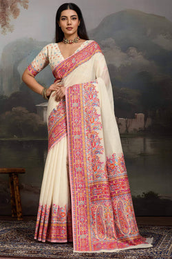 Champagne Beige Kashmiri Modal Pashmina Silk Saree