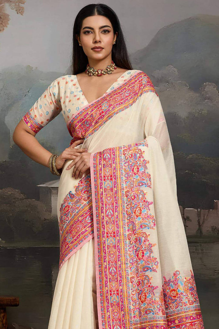 Champagne Beige Kashmiri Modal Pashmina Silk Saree