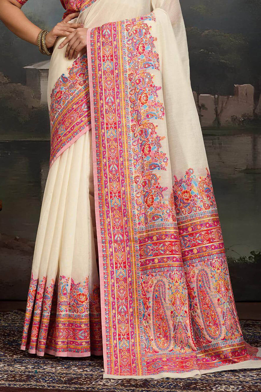 Champagne Beige Kashmiri Modal Pashmina Silk Saree