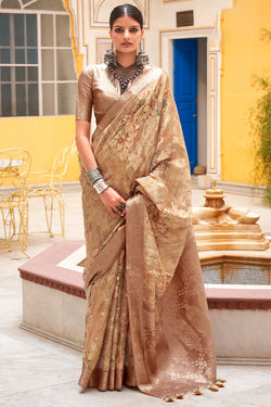 Champagne Beige Zari Woven Digital Printed Soft Cotton Silk Saree