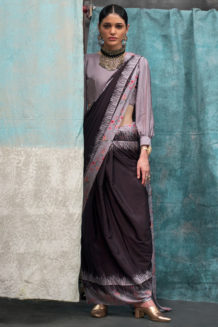 Charcoal Black Printed Crape Silk Saree