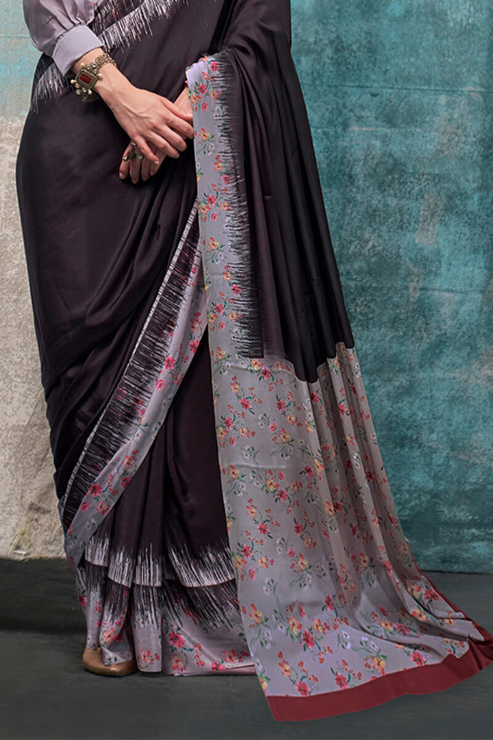 Charcoal Black Printed Crape Silk Saree