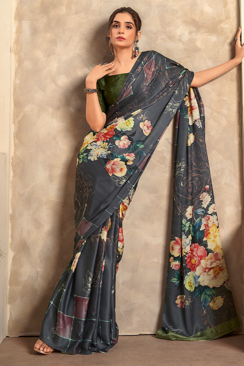 printed Satin Silk Digital Print Saree for Girls and Women (design no.8) -  Lotus Lehenga Choli