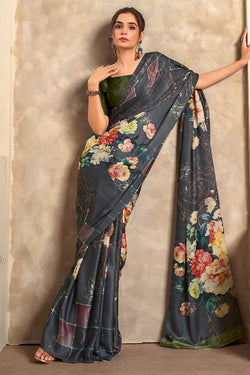 Charcoal Black Printed Soft Satin Silk Saree