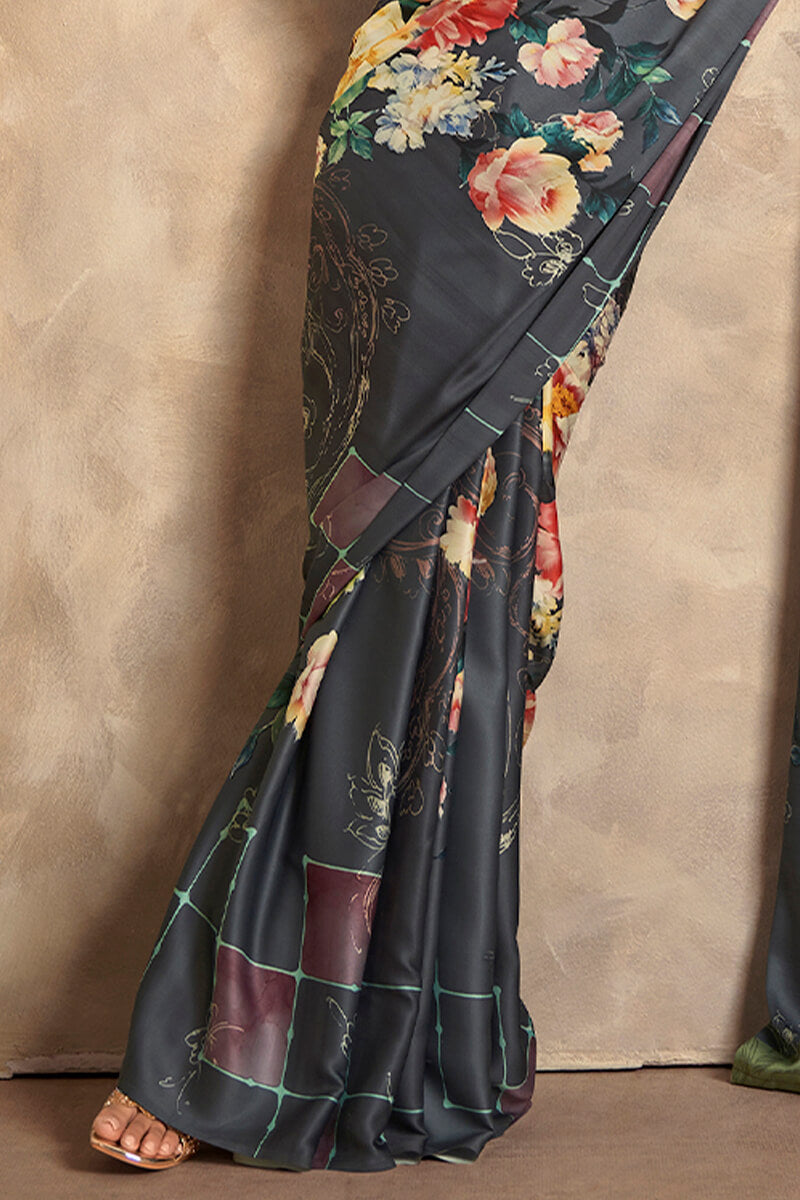 Charcoal Black Printed Soft Satin Silk Saree