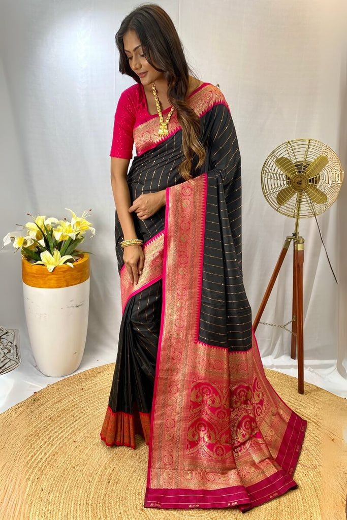 Charcoal Black Zari Woven Banarasi Silk Saree