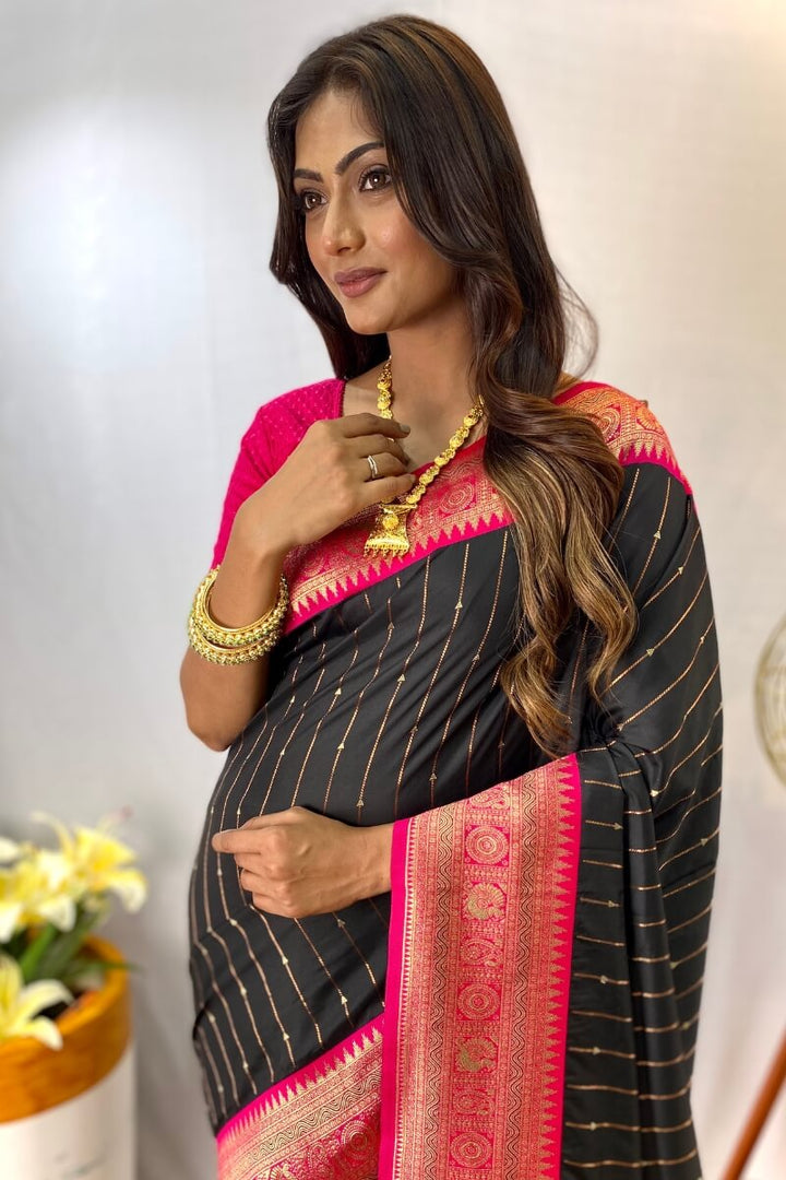 Charcoal Black Zari Woven Banarasi Silk Saree