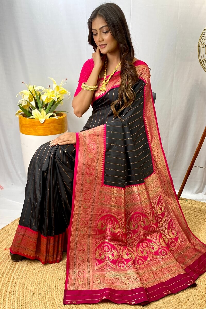 Charcoal Black Zari Woven Banarasi Silk Saree