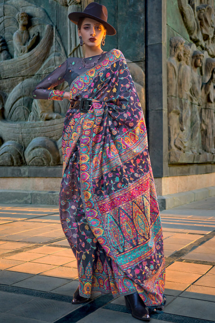 Charcoal Grey Kashmiri Weaving Organza Silk Saree