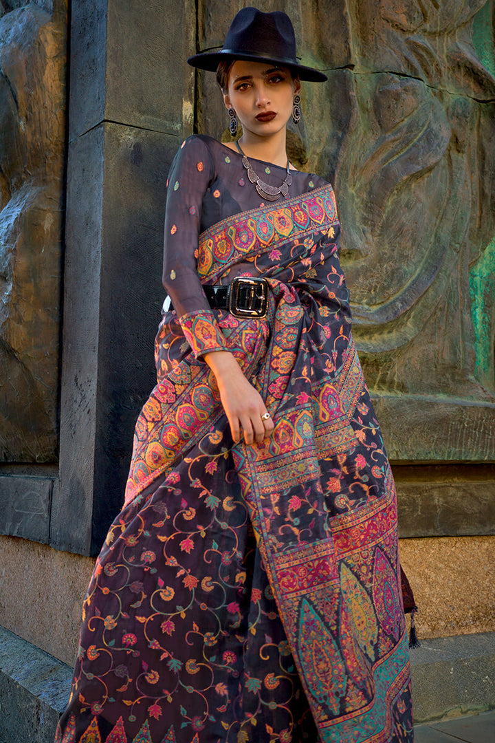 Charcoal Grey Kashmiri Weaving Organza Silk Saree