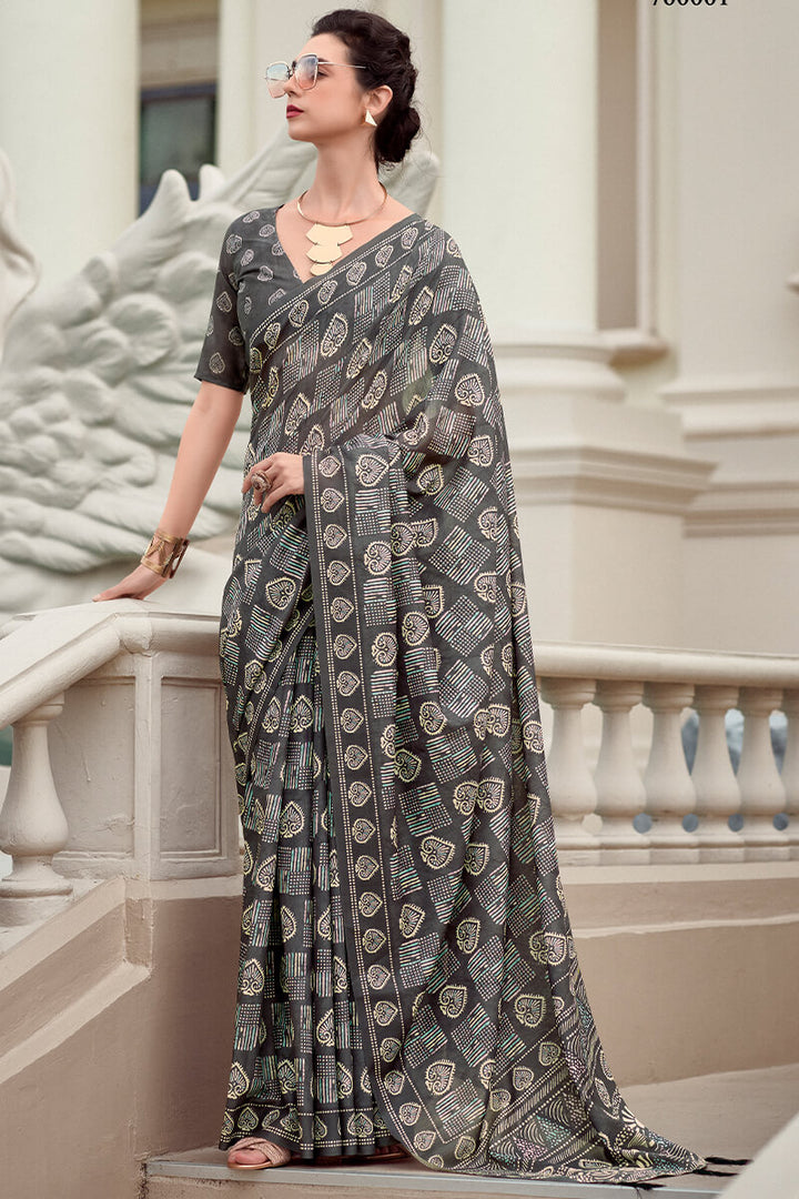 Charcoal Grey Printed Mul cotton Saree