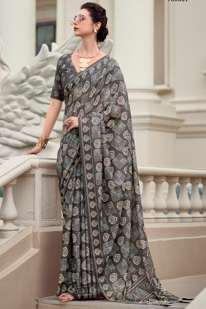 Charcoal Grey Printed Mul cotton Saree