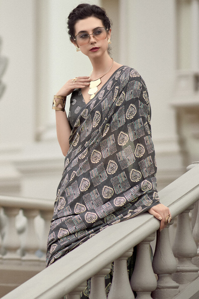 Charcoal Grey Printed Mul cotton Saree