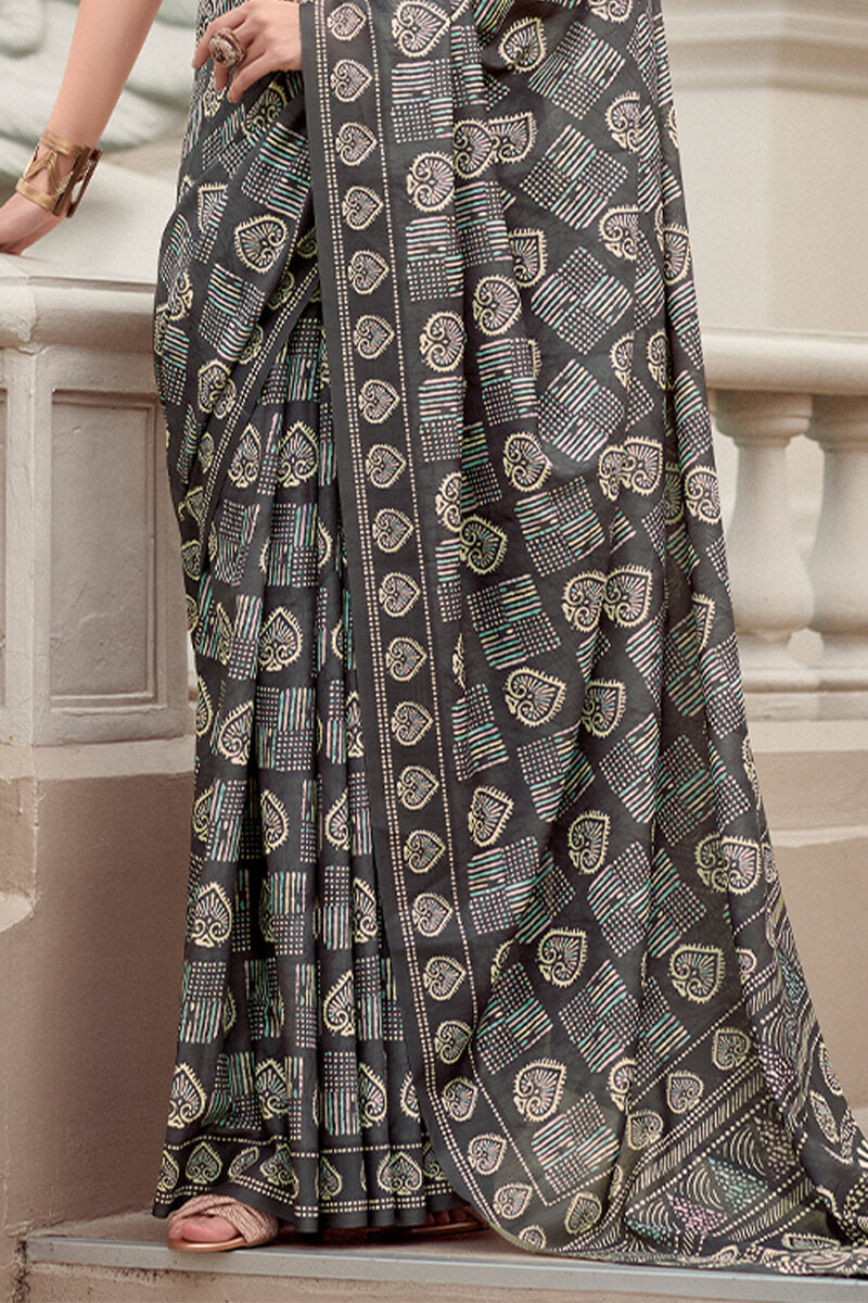 Charcoal Grey Printed Mul cotton Saree