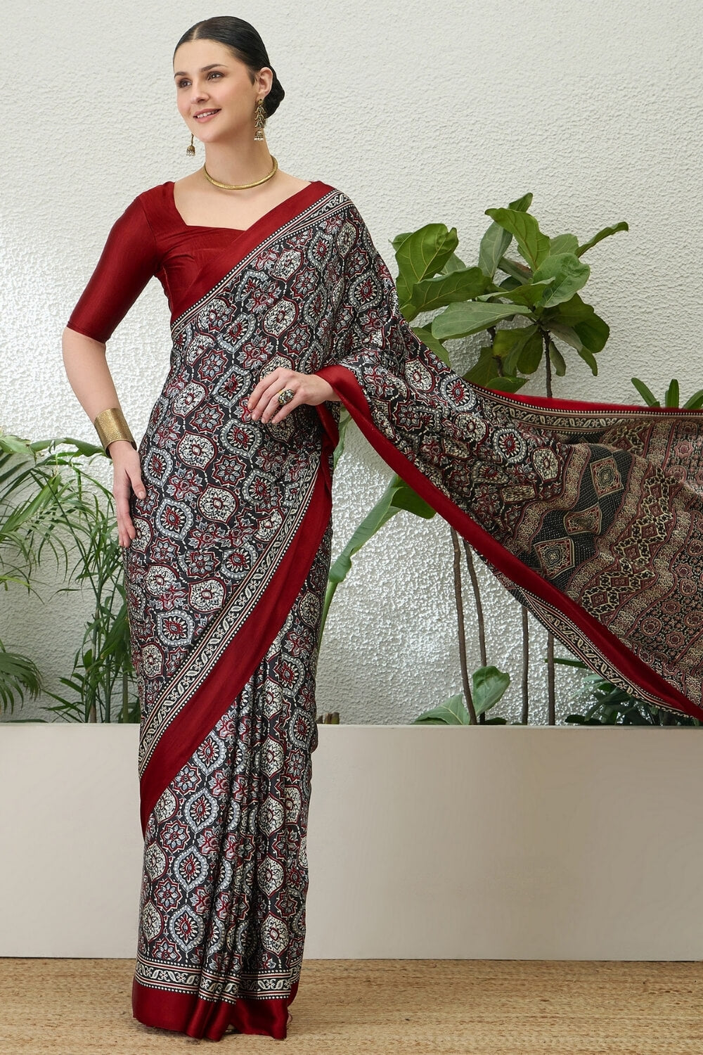 Charcoal Grey Printed Satin Silk Saree