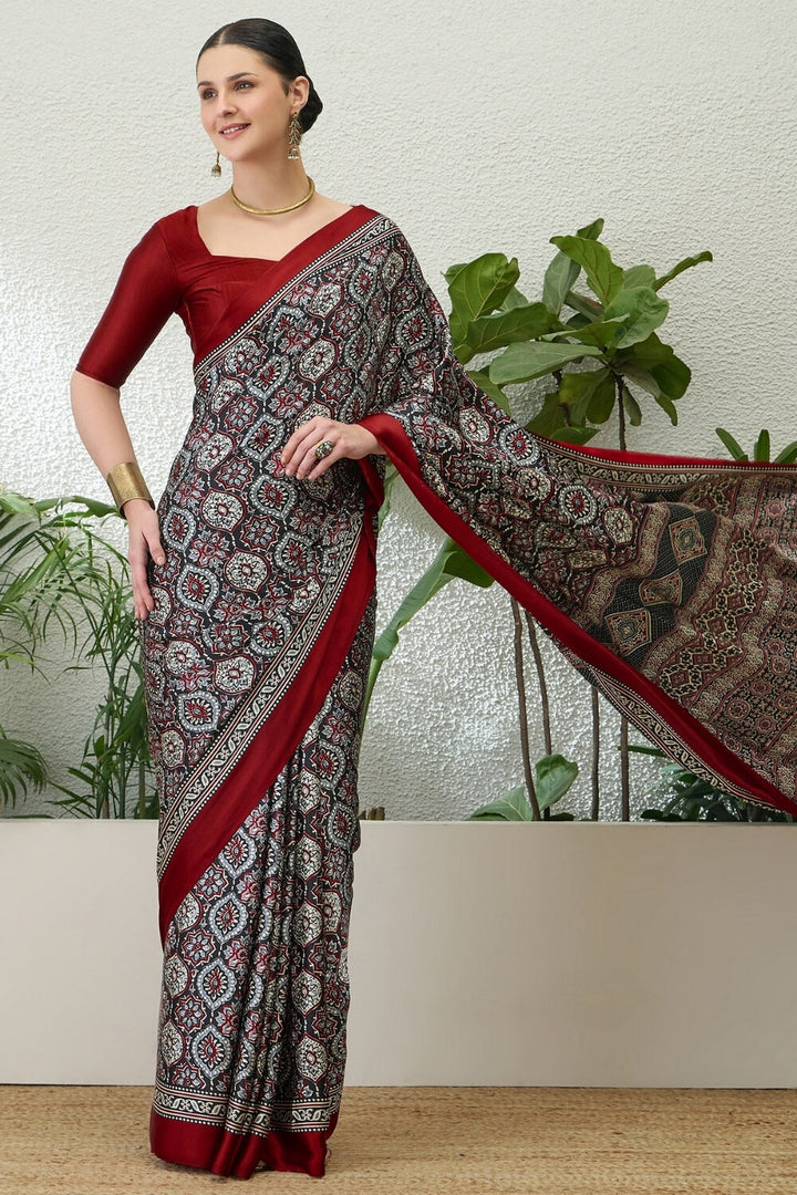 Charcoal Grey Printed Satin Silk Saree