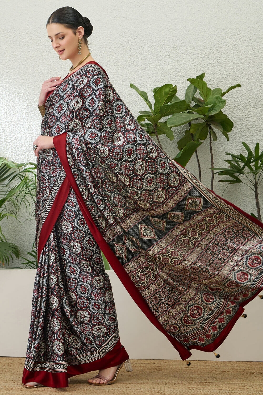 Charcoal Grey Printed Satin Silk Saree
