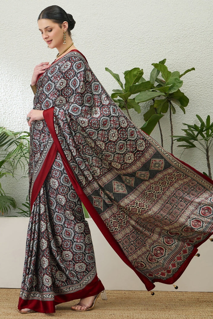 Charcoal Grey Printed Satin Silk Saree