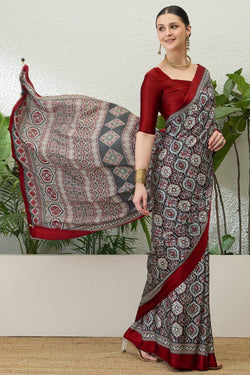 Charcoal Grey Printed Satin Silk Saree