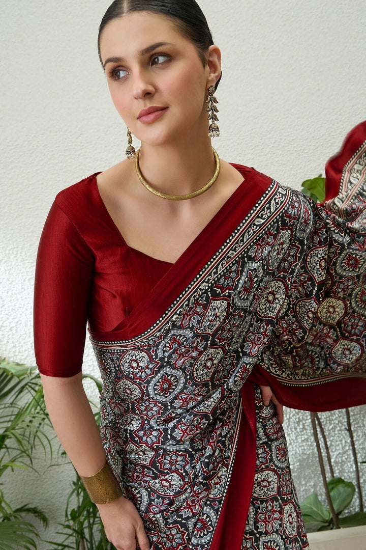 Charcoal Grey Printed Satin Silk Saree