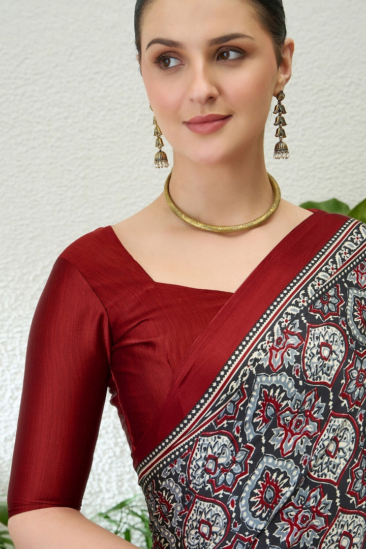 Charcoal Grey Printed Satin Silk Saree